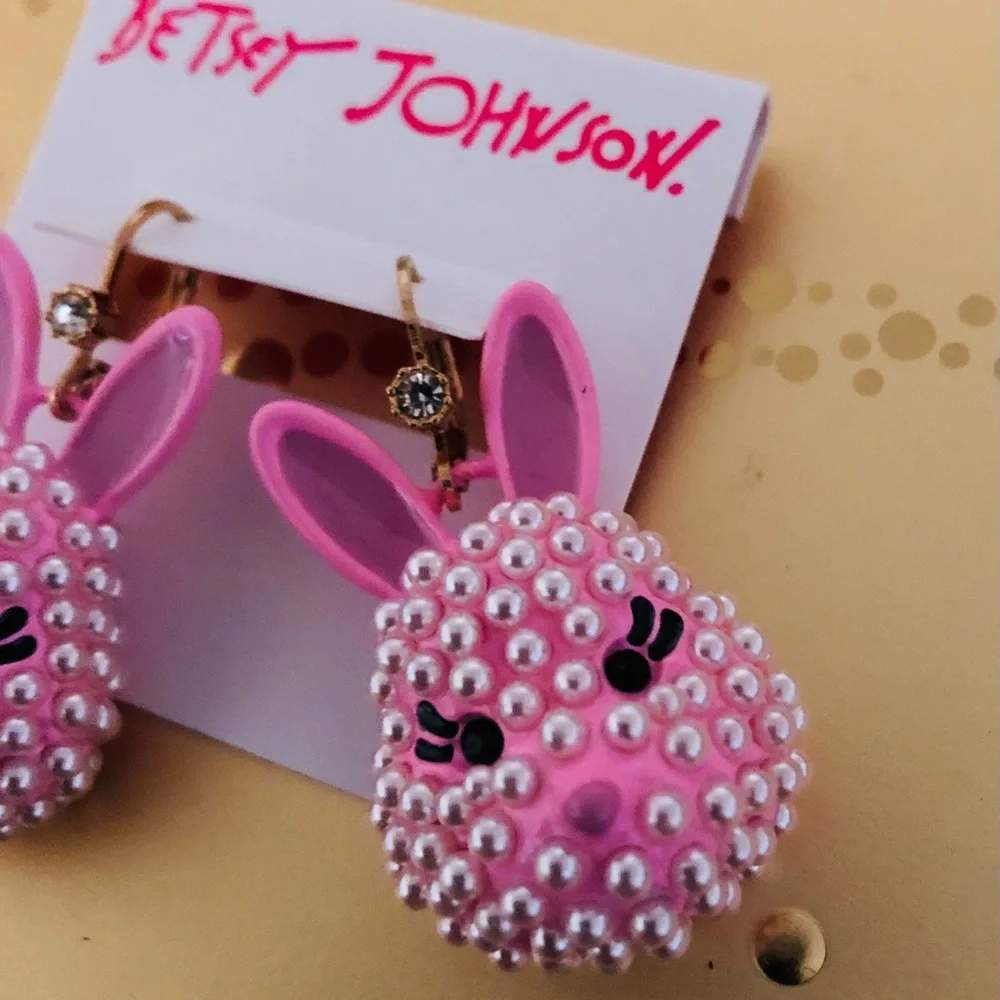 Authentic Betsey Johnson Earrings, Pink Enamel Bunny Pearl Beaded Rhinestone NWT